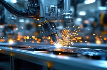 Fototapeta premium Industrial robot welding metal part. Sparks fly