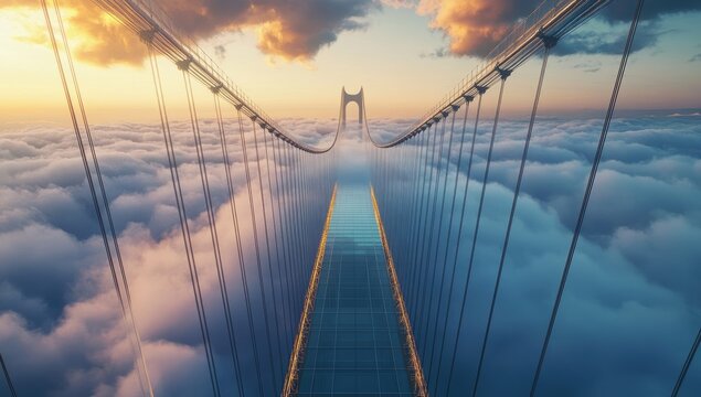 A majestic suspension bridge pierces a sea of clouds at sunrise