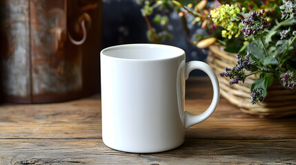 White coffee mug positioned on a wooden table, showcasing simplicity and natural ambiance