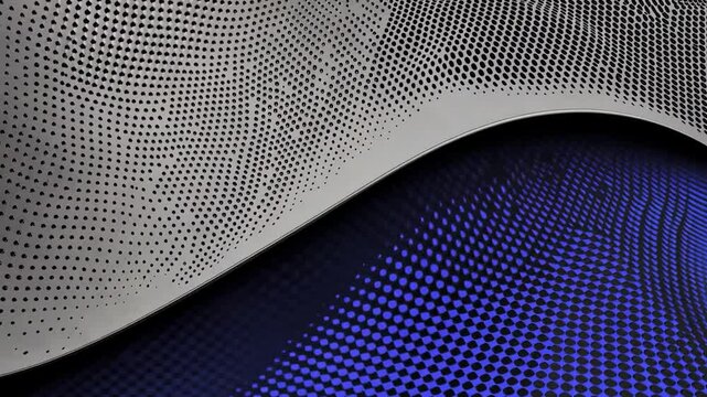 Abstract design with a metallic, perforated surface transitioning to a vibrant blue, dotted pattern