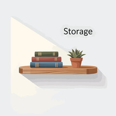 Cartoon illustration of a wooden shelf with books and a potted plant depicting home organization and cozy reading space