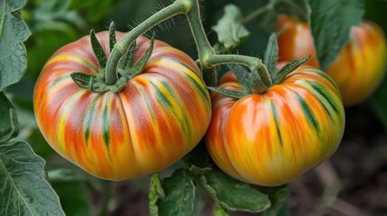 Colorful striped tomatoes on vine