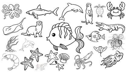 A collection of outlined sea creatures including fish, octopus, shark, and other marine animals drawing