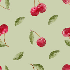 Pattern watercolor illustration cherry berries with green leaves red fruits hand drawn. Seamless print on pastel green background for design textiles, fabrics, packaging, clothes, postcard, packaging