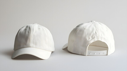 White unadorned baseball cap showcased in a minimalistic setup, front and back perspectives