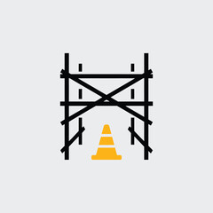 Construction site safety concept depicting scaffolding and traffic cone abstract minimalist illustration for industry and design