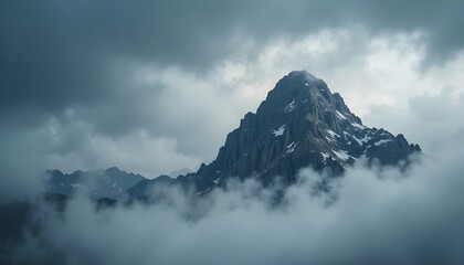 Majestic Mountain Peak Shrouded in Clouds &ndash; Serene Landscape Under Overcast Skies