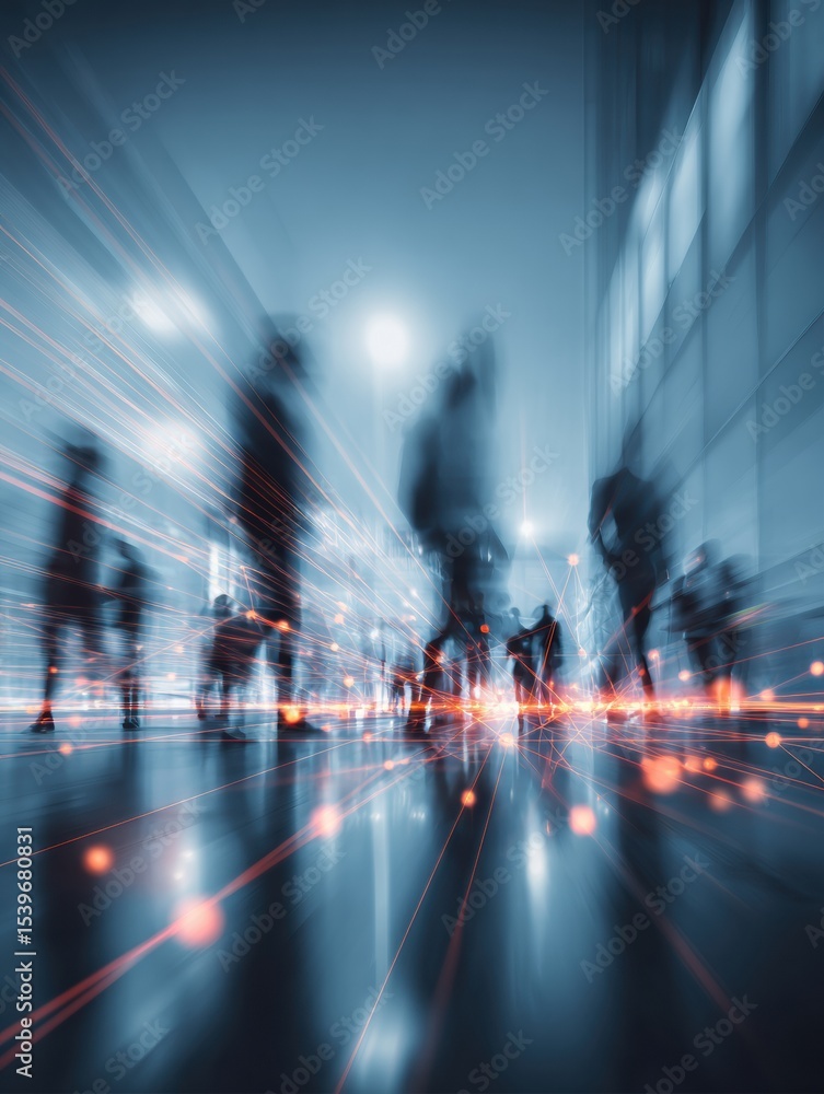 Aufkleber motion blur visual depicting a dynamic digital support network engaging individuals in lively urban 