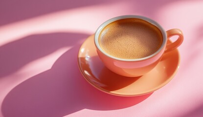 Coral-hued coffee cup on a pink surface with sun-dappled shadows