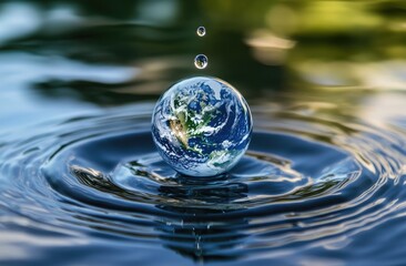 Miniature Earth suspended in a water droplet, ripples expanding outward