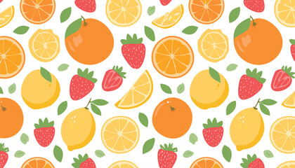 seamless patterns with fruits. Trendy hand drawn textures with oranges, lemons, peaches and strawberry. Juicy tasty fruits backgrounds. Modern abstract design for paper,fruit, juicy, textile, 