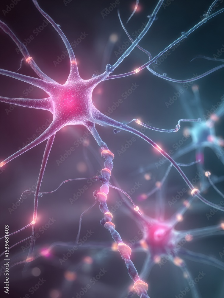 Poster nervous system glowing diagram highlighting synapses with a vibrant gradient background for detailed