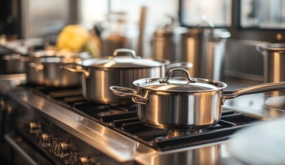 Stainless steel pots and pans on a stovetop in a commercial kitchen