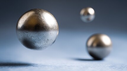 Strong rare-earth magnet levitating metallic spheres in midair, demonstrating magnetic force and physics concept, science experiment or educational demonstration.