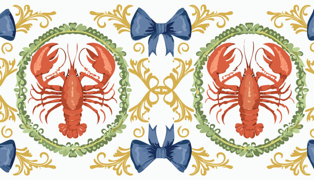 Seamless pattern with hand drawn lobster in ribbon frame with bow. Mediterranean elegant background. Marine vintage wallpaper with seafood, crawfish. Summer coastal ocean print. Vector,illustration, 