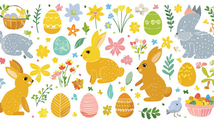 Collection cute elements for Easter. Hand drawn bunnies, bows, flowers and herbs, chicken, floral decoration, egg basket, Easter eggs. Spring lovely stickers. Vector.children, rabbit, flower, drawing,