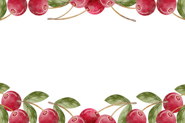 Frame watercolor illustration of cherry berries with green leaves, illustration juicy fruit red pink hand drawn Template rectangular for invitation, postcard, poster, packaging cosmetics, products