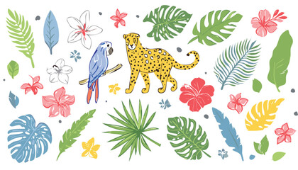 Obraz premium Set of tropical leaves, flowers and wild animal, birds drawing blue ink. Abstract palm, leopard, banana leaf, hibiscus, parrot, exotic plants, plumeria. Minimalist line sketch. Vector.palm, jungle, 