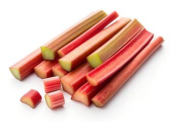Obraz premium Cuts of red rhubarb stem on white background.