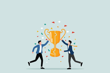 Agreement or solution to win together, solution for best result, teamwork to help success and achieve common goal concept, entrepreneur connects the pieces of the trophy puzzle to win together.