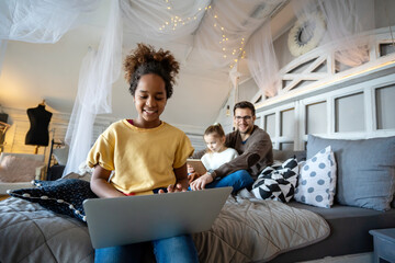 African american school pupil girl virtual distance learning online watching remote digital class