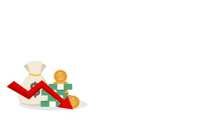 Animated money bag and coin icon with a red downward arrow indicating financial loss, economic decline, or investment decrease. Ideal for finance or business themed videos.
