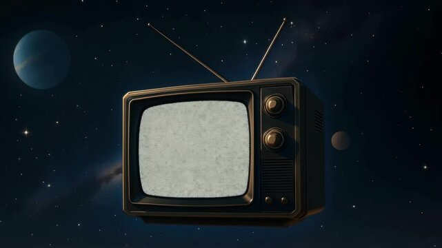 Retro television with static floating in surreal outer space scene