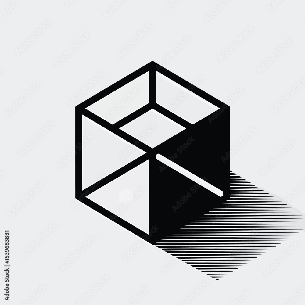 Fototapete minimalist geometric cube illustration rendered with black lines and gradients depicting shadows on 