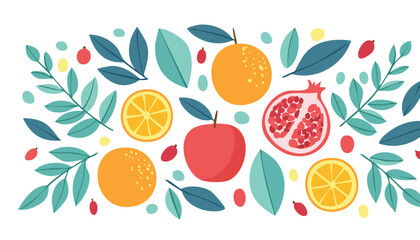 Collection hand drawn colorful abstract fruits, leaves and flowers. Natural tropical fruits. Strawberry, peach, lemon, pomegranate, fig, orange. Vector,colours, graphic, harvest, drawing, drawn,