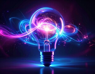 Light bulb illuminated with vibrant swirling colors and cosmic energy, creating a stunning visual effect that symbolizes creativity and innovation in a dark environment