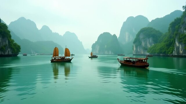 Majestic Morning Mist Envelops Halong Bay's Emerald Waters Hundreds of Limestone Islands Emerge from the Sea in Stunning 4K