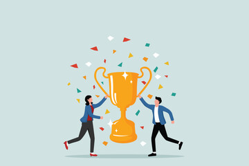 Flat illustration of businessman and businesswoman celebrate with trophy confetti symbolizing team success and partnership
