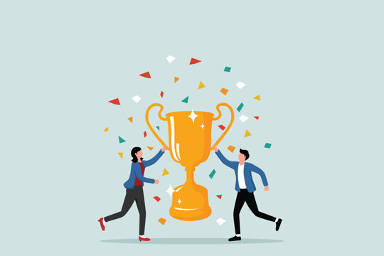 Flat illustration of businessman and businesswoman celebrate with trophy confetti symbolizing team success and partnership