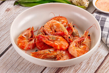 Delicous boiled tiger prawn with sauce