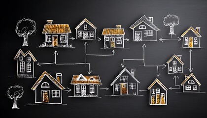 Hand drawn houses and trees connected by arrows on a black background representing a network diagram