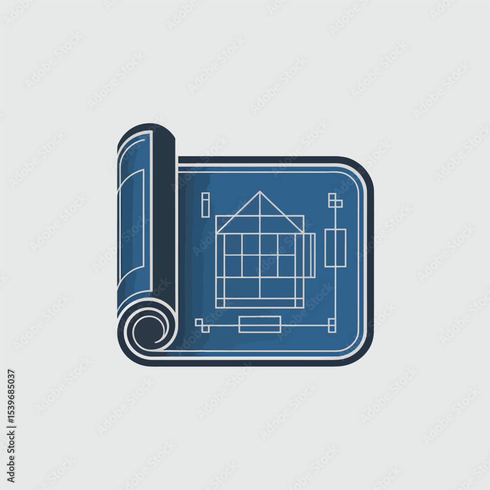 Aufkleber rolled up blueprint design concept illustrating house architecture planning and construction details