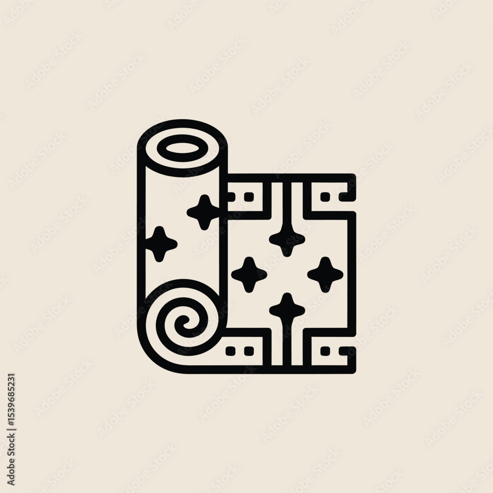 Poster rolled-up wallpaper icon displaying starry pattern design in flat minimalistic black outline isolate