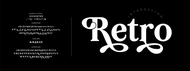 Retro Elegant Luxury Font, Uppercase Lowercase And Number. Classic Lettering Minimal Fashion Designs. Typography modern serif fonts regular decorative vintage concept. vector illustration
