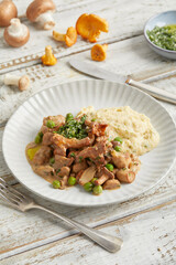 Vegan polenta with mushrooms and plant-based strips
