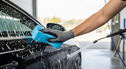 Man washing black car with blue sponge and foam. Vehicle exterior cleaning at self-service wash station. Auto care and hygiene concept.