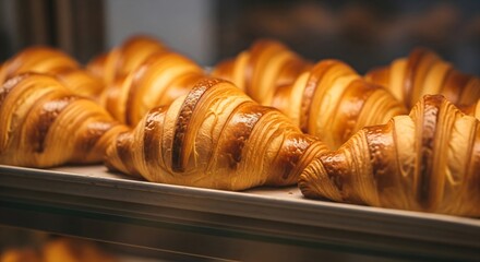 Golden baked croissant pastry on display shelf. Freshly made traditional French breakfast bread. Delicious culinary art ready for sale in a typical store display.