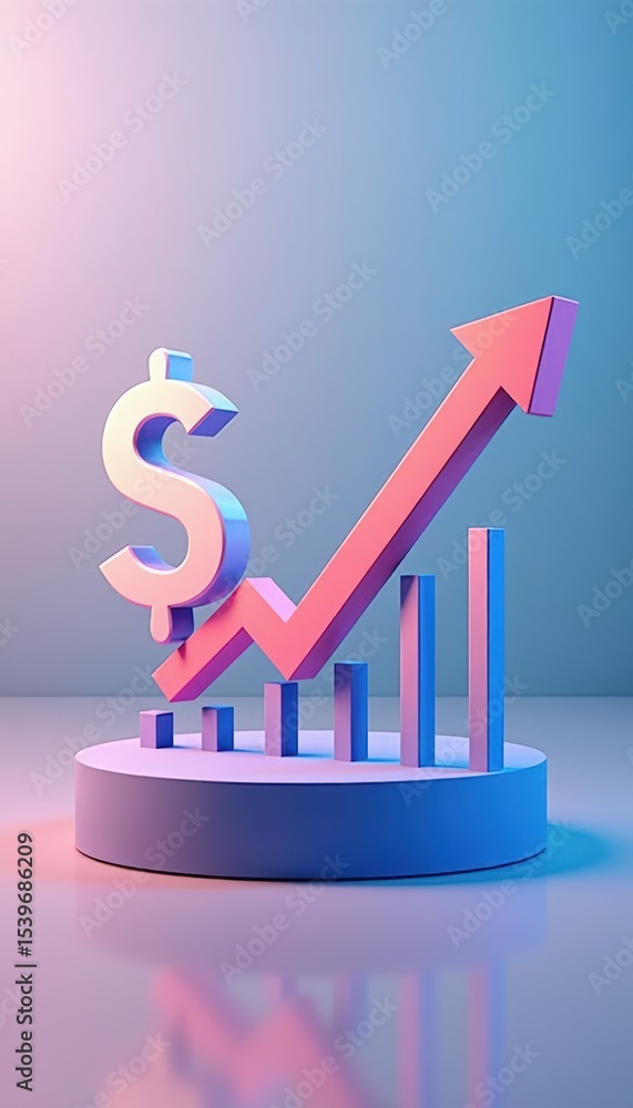 Poster 3d render of growth chart with dollar symbol and ascending arrow on trendy background