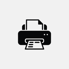 Simple icon of a printer printing document in black and white illustrating office equipment and data output