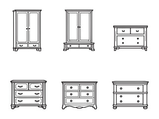 Black and white outline of a vintage dresser cabinet