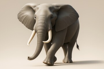 Obraz premium Majestic elephant walking forward, captured in a creative style with soft light on a plain beige background for wildlife concept visuals.