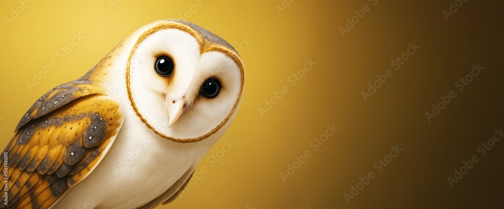 Poster close-up of a barn owl with detailed feathers and large eyes on a clean yellow background with copys