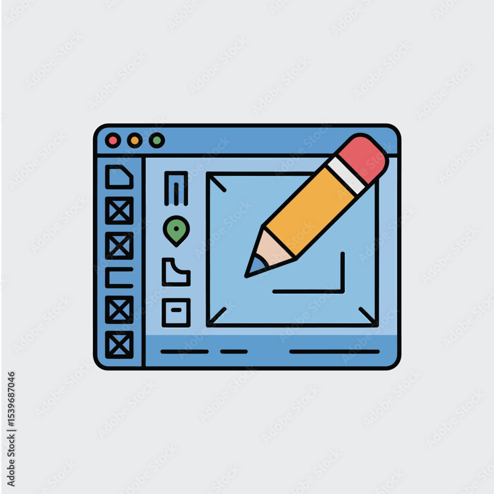 Aufkleber vector illustration of a graphic design software interface featuring a pencil tool icon and layout c