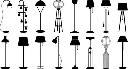 Illustration of various floor lamps in black silhouette on a white background in a vector format
