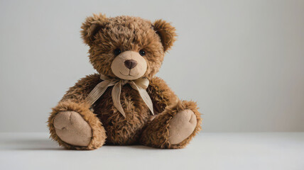 Obraz premium A fluffy brown teddy bear sitting upright with a gold ribbon against a plain background surface area