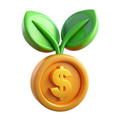 3d render of a golden dollar coin with green leaves isolated on transparent background